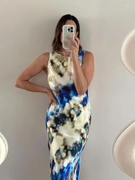 Casual Dresses Summer Ink Tie Dye Printed Maxi Dress Women Elegant O Neck Sleeveless Colorful Slim Lady 2024 High Streetwear