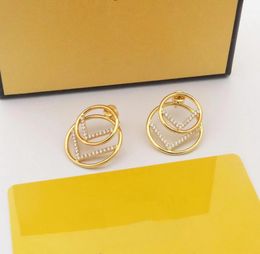 Europe America Fashion Style Lady Women Gold Colour Hardware Engraved Letter Hollow Out Double Circle Diamond Combination Stud Earr9708563