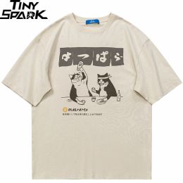 T-Shirts Men Tshirt Streetwear Japanese Haruku Funny Drinking Cat Tshirt Cotton Summer 2023 Cartoon T Shirt Unisex Hip Hop Tops Tees