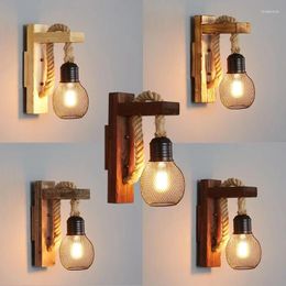 Wall Lamp Industrial Simple Rope Wood Base Vintage Metal Minimalist Lights Stair Aisle Corridor Porch Bedroom Bedside