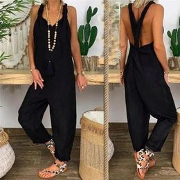 Summer Sexy Solid Women Jumpsuit Playsuit Casual OverallsBib Overall Sleeveless Backless Knotted Dungarees 240429