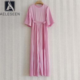 Party Dresses AELESEEN Korea Pink Summer Dress Designer Fashion Classic Solid Sashes With Pearls Long Elegant Pleated For Female