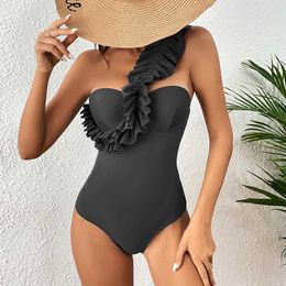 Women's Swimwear One Piece Swimsuit New Sexy Solid Ruffle Swimwear Women Yellow Bathing Suit Beach Wear Backless Monokini