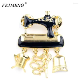 Brooches Sewing Machine Black Enamel Pin Brooch For Women Fashion Badge Gold Colour Scissors Line Regiment Cute Gift Trinket