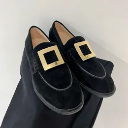 Casual Shoes Designer Fashion Women Beige Suede Leather Round Toe Gold Buckle Slip On Loafers Dress Comfortable Pumps