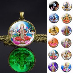 Pendant Necklaces 1pc Luminous Lakshmi Goddess God Ganesh Bronze Necklace Glowing Hinduism Glass Cabochon Jewellery Amulet Gift7146003