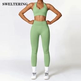 2Pcs Yoga Clothing Sets Women Sportswear High Waist Leggings Set Seamless Tracksuit Fitness Workout Outfits Gym Wear Girls Top 240425