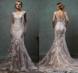 Vintage Amelia Sposa Lace Appliques Mermaid Wedding Dresses 2023 VNeck Chapel Train Plus Size Bridal Party Gowns1650909