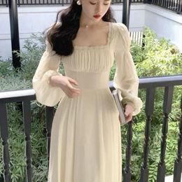 Casual Dresses French Vintage Midi Dress Women Long Sleeve Pure Color Elegant Chiffon Office Lady Lace One Piece Korean 2024 Spring