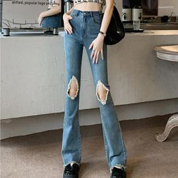 Women's Jeans #3117 Summer Long Ripped Denim Women Holes Blue Black Sexy Vintage Stretch Cotton Thin Bell Bottom Female High Waist