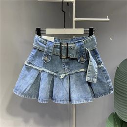 Denim Pleated Skirt Korean Fashion Women High Waist A-Line Sexy Jean Mini Retro Girls Summer Short Skirts Womens C517 240424