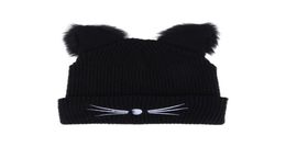 Warm Winter Hat For Women Cute Cat Ears Hat Skullies Hats Pompom Caps Female Bonnet Femme Woollen Black Knitting Braided Fur Hat Y18595816