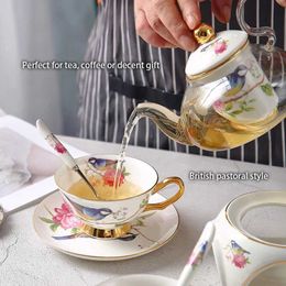 Teaware Sets Pastoral Bird Bone China Tea Set Ceramic Tea Cup Pot with Candler Strainer Floral Glass Teapot Set Ceremony Teaware Teacup