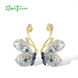 Dangle Earrings SANTUZZA Real 925 Sterling Silver Stud For Women Sparkling Blue Spinel White CZ Gorgeous Drop Butterfly Fine Jewellery