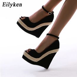 Eilyken Autumn Brand Sexy Peep Toe Platform Wedges Sandals High Heels Women Straw Summer Party Ankle-Wrap Shoes 240422