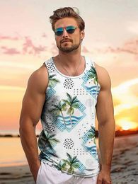 Men's Tank Tops Summer Seaside Travel Loose Comfortable Beach Vacation Casual Top Hawaiian Style Vest Tropical Palm Print