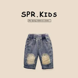 Trousers Children Clothing Summer Kids Ripped Handsome Jeans 2024 Korean Style Fashionable Casual Simple Loose Denim Pants