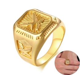 fashion Mens Eagle Ring Gold Tone Stainless Steel Square Top with Rays Signet Ring Heavy Animal Band27122671971