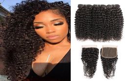 Brazilian Curly Human Hair Bundles With Closure Jerry Curl Natural 3 Bundles with 4x4 Lace Closure 1028 Inch Remy Human Hair Exte7137398