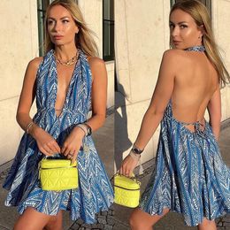 Summer Holiday Style Sexy Backless Printed Halter Beach Dress For Women
