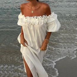 Party Dresses Sexy Off Shoulder Solid Color Ruffle Dress Elegant Slash Neck Puff Sleeve Loose Cotton Linen Holiday Beach Split