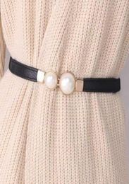 Belts Women Double Pearl Belt PU Leather Dress Skirt Waist Elastic Thin Ladies Waistband8898385