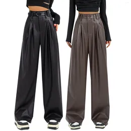 Women's Pants Retro Versatile Casual Pu Leather Winter High Waisted Loose Wide For Women Ladies Straight