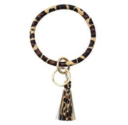 Leopard Print PU Leather Keychain Bracelet Bangle Keyring Circle Key Ring Leather Tassel Bracelet Holder Fashion Jewelry1047042