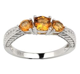 Natural Yellow Citrine 925 Sterling Silver Ring Women Round Shape 3stone Crystal November Birthstone Gift R158GCN8914281