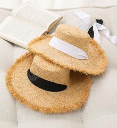 Fashion Long Ribbon Women Raffia Straw Hat Summer Wide Brim Beach Sun Hats Temperament Flat Dress Cap bonnet9347102