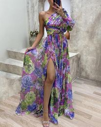 Casual Dresses Lantern Sleeve One Shoulder High Slit Floral Maxi Dress