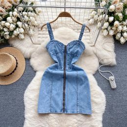 Casual Dresses Youth Women Summer Denim Dress Sleeveless Fashion Zipper Slim-fit Short Strap Cowboy Mini