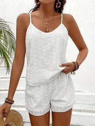 Women's Tanks Hollow Out Embroidery Sexy Camisole Vest Short Set Summer Vacation Style Outerwear Sleeveless Top Shorts White