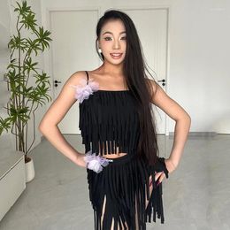 Stage Wear Latin Dance Clothes Women Black Tassel Tops Fringe Skirt Cha Rumba Samba Costume Performance Adult Dress DNV20319