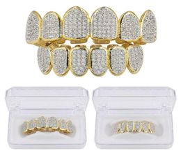 Hip Hop Classic Teeth Grills Golde Colour Plated CZ Micro Pave Exclusive Top Bottom Gold Grillz Set6657374