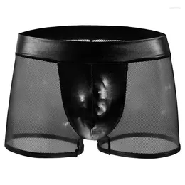 Underpants Men's Underwear Imitation Leather Mesh Bulge Pouch Boxer Hollow Transparent Jockstrap High Elastic Bikini Slip Homme