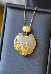 New original inlaid natural Hetian jade Chalcedony carp lotus Chinese style retro temperament pendant necklace women accessories3767016