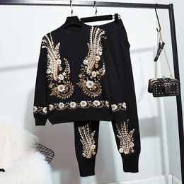 Women's Two Piece Pants Autumn Fashion Beading Embroidery Knitted Tracksuit Set Women Loose Black Grey Knit Pullover Sweater Pencil Outfits