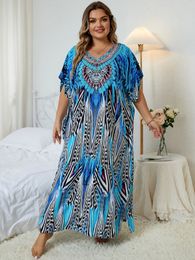 2023 Leopard Print Kaftan Dresses for Women Plus Size Summer Beach Swim Cover Up Loose Fit Resort Wear Maxi Q1415 240422