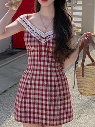 Casual Dresses Chic Sweet Plaid Strap One Piece Dress Women Spring Y2K Lace Kawaii Female Korean Style Fairy Mini
