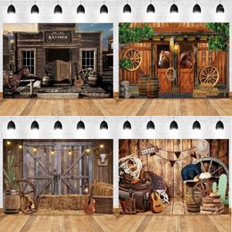 Party Decoration Western Cowboy Background Fabric Themed Retro Farm Straw Stable Wooden Countryside Style Pography Backdrop