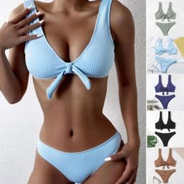 Women's Swimwear Women Bikini Solid Color Bow Two-piece Off Shoulder Bikinis Set Breathable Wire Free Stretchy Female Beachwear