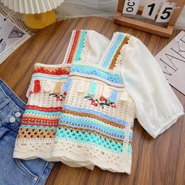 Women's Blouses Square Collar Knitted Top Women Hook Flower Hollow Shirt Slimming Blusas Bohemian Pullover Drop
