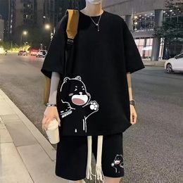 Summer Man Tracksuit Japan Cartoon Streetwear Hip Hop Rock Casual Short Suit Cool Printed waffle T Shirts Shorts 2 Piece Set 240428