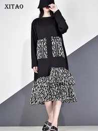 Casual Dresses XITAO Print Patchwork Ruffles Dress Women 2024 Spring Summer Trend Fashion Style O Neck Collar Long Sleeve Pocket GCC3949