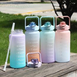 Water Bottles 2L Large Capacity Bottle Straw Cup High Temperature Plastic Time Scale Frosted Outdoor Sports Student Couple Cu