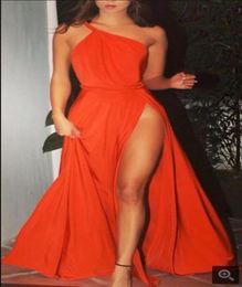 2020 New Fashion Orange Prom Dresses Evening Wear One Shoulder Pleats High Leg Split Draped Chiffon Formal Celebrity Runway Gowns 7717346