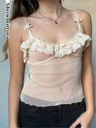 Women's Tanks See Through Lace Ruffles Strappy Croped Top Polka Dot Shirt Vest Mesh Transparent Sexy Y2K Tank Sleeveless Camisole Tops