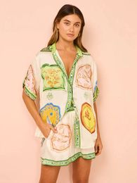 2024 Holiday Casual Printed Women 2 Piece Set Short Sleeve Shirt Blouse Top Loose Shorts Suit Hawaii Summer Beach Outfits 240422
