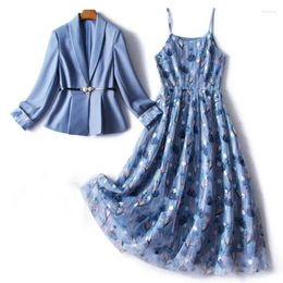 Work Dresses Women Blazer With Belt Print Mesh Spaghetti Strap Dress 2 Piece Set 2024 Spring Korean Fashion Ladies Sleeveless Suits